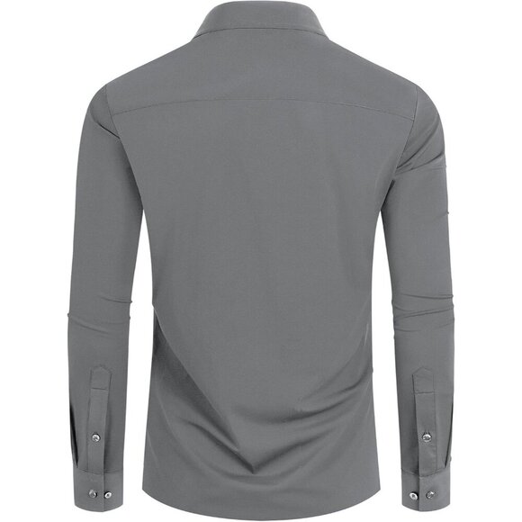 Men Silver Long Sleeve Slim Muscle Fit Wrinkle Free Button Down Dress Shirts - Picture 9 of 9